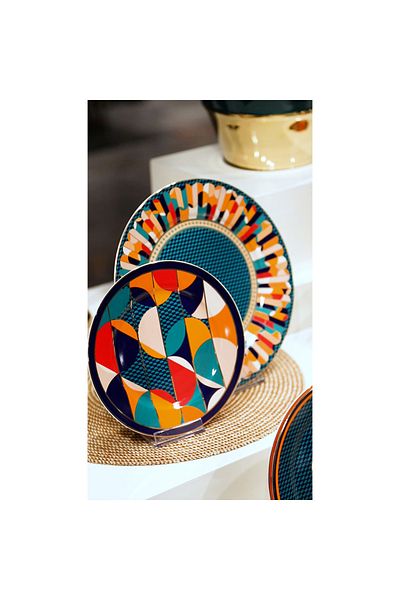 Lucky Art Leslie Bone - Set of 7 Geometric Patterned Porcelain Cake Plates