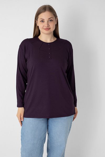 Orly More Viscose Fabric Mini Slit Plus Size Long Sleeve Mother Combed Cotton Blouse with Collar and Button Detail