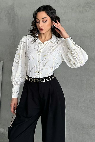 MD trend Cămașă de damă din satin supradimensionat cu mânecă cu balon cu model folie argintie