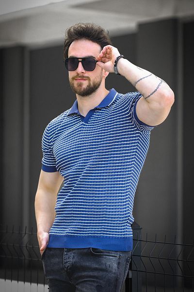 Oksit Ανδρικό πλεκτό μπλουζάκι Mirko ριγέ Lycra Slim Fit Polo Neck