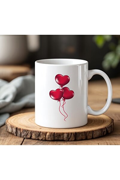 Generic Brand White Ceramic Printed Mug Cup with Heart Balloon Design 330ml