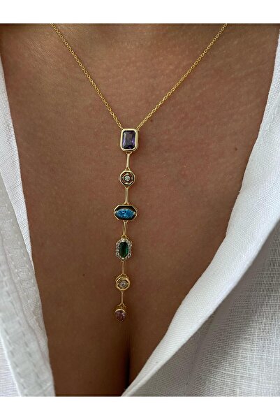 Ricco Jewellery 14 K Gold Kaplama 925 Ayar Gümüş Renkli Taşlı Y Kolye