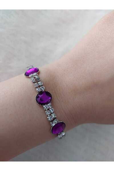 Avcıoğlu Aksesuar سوار نسائي 3 بيضاوي موديل زركون كريستال حجر مطلي بالفضة وعد...