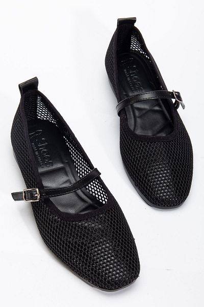 Hayalimdeki Ayakkabı Black Women's Mesh Single Strap Ergonomic Ballerina Soft Sole