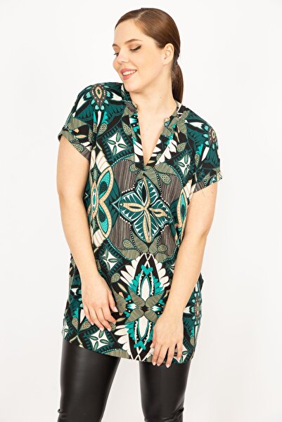 Şans Γυναικείο πράσινο μεγάλο μέγεθος V-λαιμόκοψη πλαϊνή τσέπη με χαμηλό μανίκι 65n35940