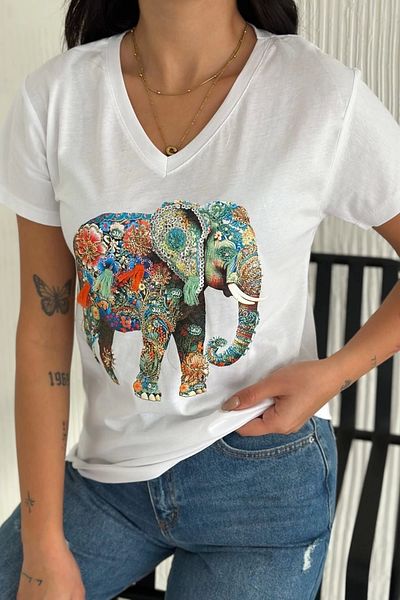 Bİ.GİYSEN Women's Large Size White V-Neck Front Elephant Embroidered Sequin Embroidered 100% Cotton Combed Cotton Buluz