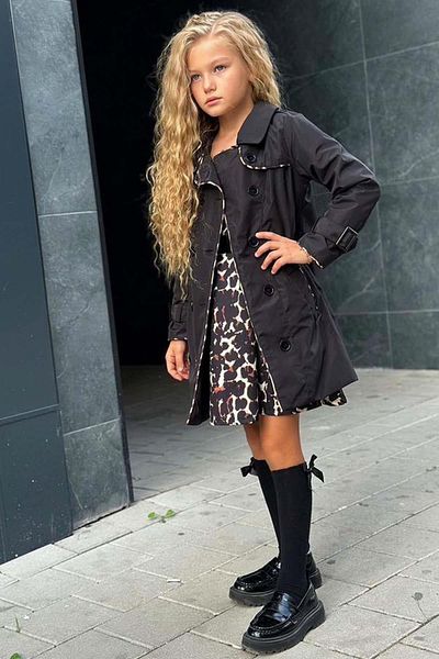 Riccotarz Κοριτσίστικο φόρεμα λεοπάρ με τετράγωνο γιακά με μανίκια καρπούζι με μαύρη καμπαρντίνα φόρεμα με ζώνη
