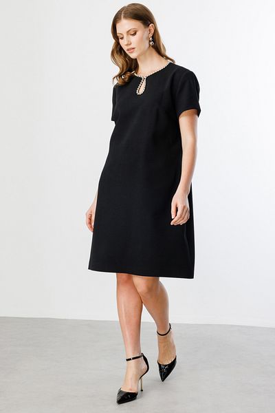 Ekol Women's Plus Size Above Knee Dress with Stone Collar 5514 Black