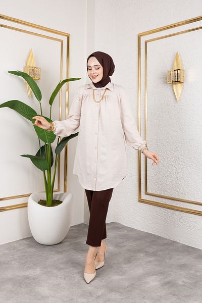 Nevayla Moda Gathered Front Ankle Elastic Tunic - Beige / Ü104