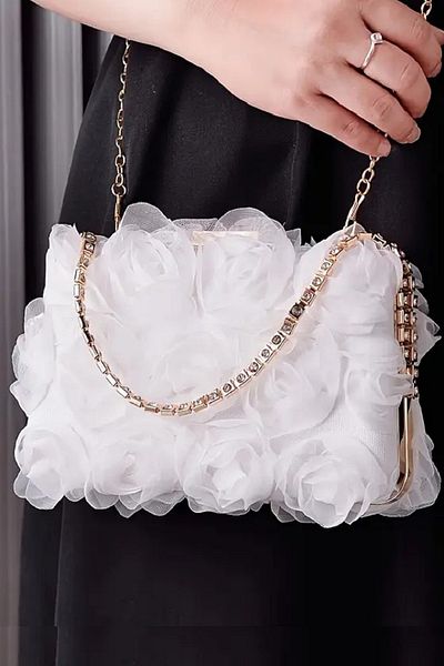 Famels Bridal Bag, Rose Detailed Flower Motif Wedding - Wedding Women's Evening Dress Bag with Necklace Gift
