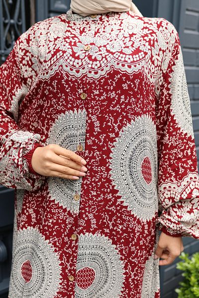 modessia Women's Red 100% Viscose Cotton Buttoned Ethnic Pattern Loose Cut Hijab Dress E744