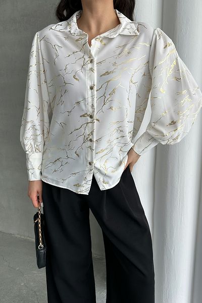 MD trend Cămașă de damă din satin supradimensionat cu mânecă cu balon cu model folie argintie