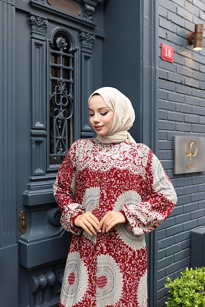 modessia Women's Red 100% Viscose Cotton Buttoned Ethnic Pattern Loose Cut Hijab Dress E744