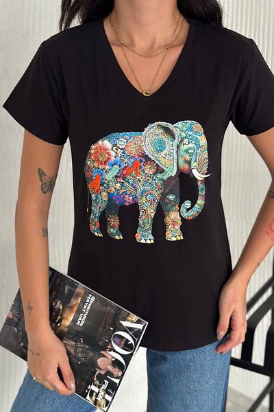 Bİ.GİYSEN Women's Large Size Black V-Neck Front Elephant Embroidered Sequin Embroidered 100% Cotton Combed Cotton Blouse