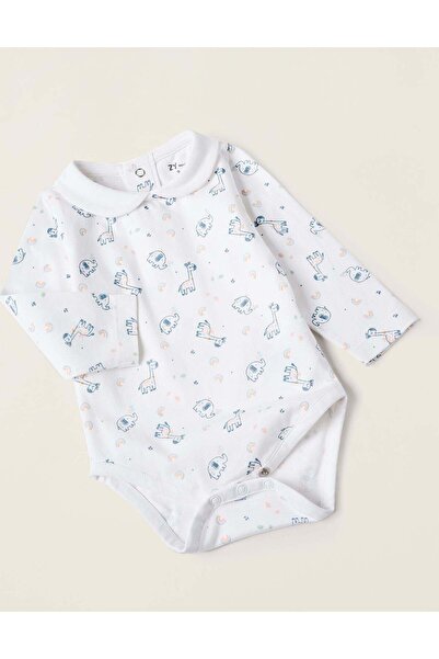 Ziddy Safari Bodysuit + Denim Pinafore Dress for Newborn Girls, White/Blue