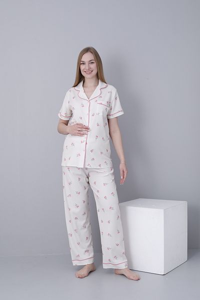 Miss Dünya Lissa Front Buttoned Shirt Collar Short Sleeve Woven Fabric Printed Maternity and Maternity Pajama Set