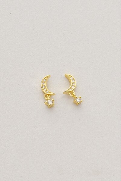 Söğütlü Silver Gümüş altın yaldızlı zirkon taşlı sallantılı ay yıldız küpe SGTL12831GOLD