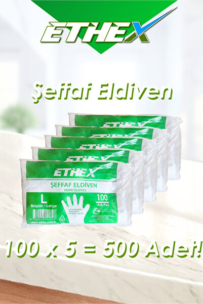 Ethex Şeffaf Eldiven - 100 Adet (5 Paket - Toplam 500 Adet)