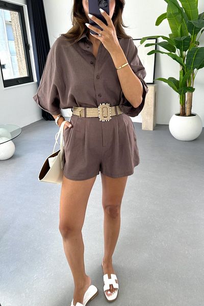 My Blog Brown Straw Belted Shirt Shorts Set - 51036