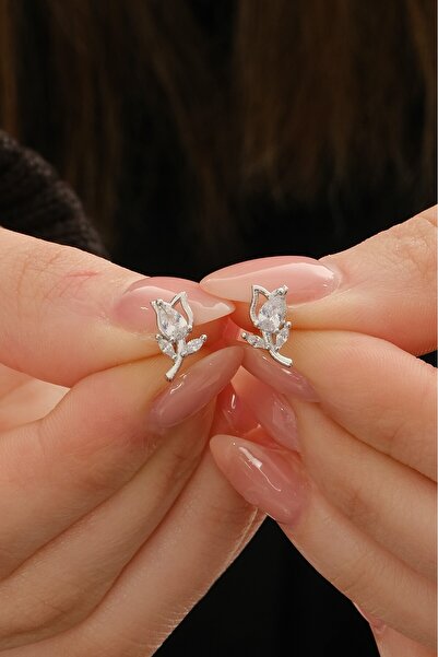 Söğütlü Silver Gümüş rodyumlu damla kesim zirkon taşlı lale küpe SGTL12834RODAJ