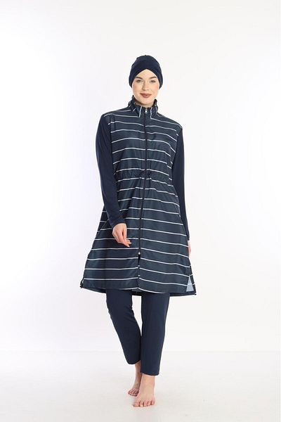 XORVİO Women's Full Length Zipper Line Pattern Hijab Swimsuit Adjustable Waist Elastic Burkini Water Repellent Fabric