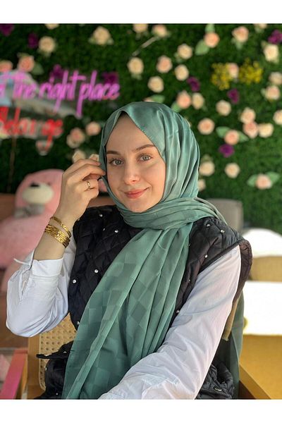 Sima Dark Mint Call Silk Jacquard Checkered Shawl