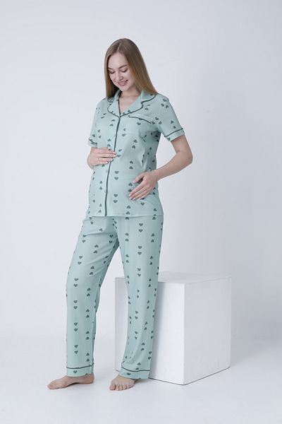 Miss Dünya Lissa Front Buttoned Shirt Collar Short Sleeve Woven Fabric Printed Maternity and Maternity Pajama Set
