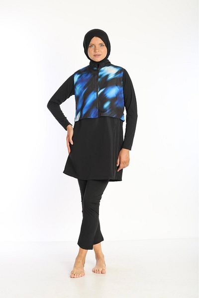 XORVİO Women's Full Length Zipper Blue Black Hijab Swimsuit Adjustable Waist Elastic Fit Burkini Water Repellent Fabric