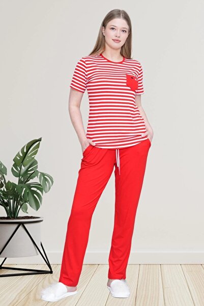 Mecit Pijama Plus Size Short Sleeve Pajama Set - 75% Cotton 20% Viscose 5% Lycra Striped