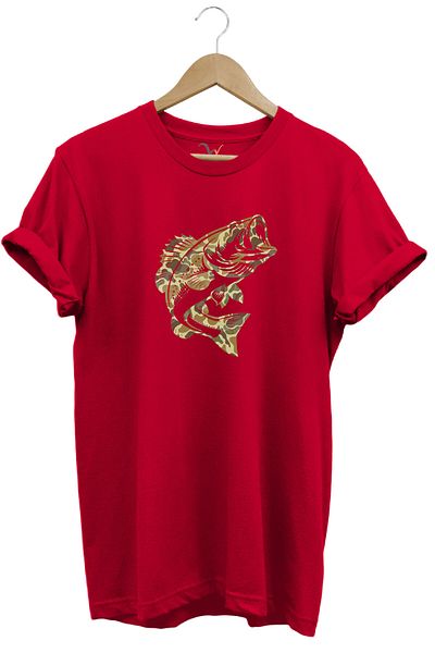 WİDİ Fishing Camouflage Patterned Fish Printed 100% Cotton Regular Fit Red T-Shirt