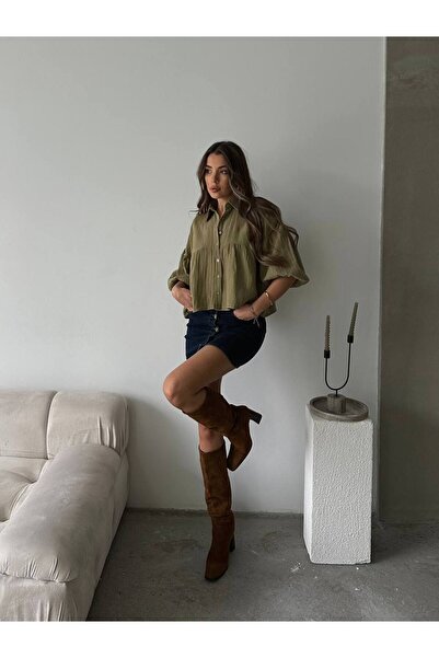 Lusin Γυναικείο πουκάμισο Premium από ύφασμα μουσελίνας με κοντό μπαλόνι χακί