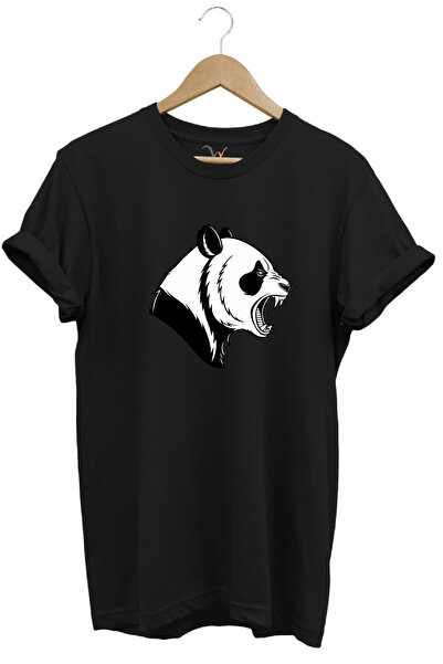 WİDİ Angry Roaring Panda Printed 100% βαμβακερό μπλουζάκι με κανονική εφαρμογή