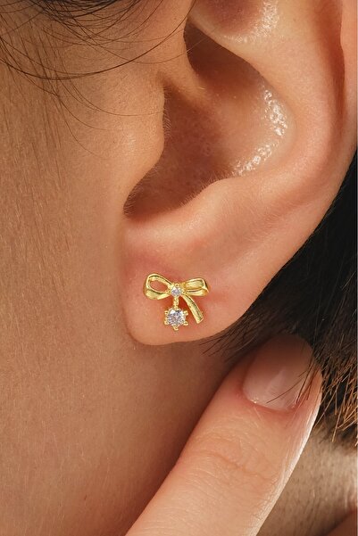 Söğütlü Silver Gümüş altın yaldızlı zirkon taşlı zarif fiyonk küpe SGTL12830GOLD