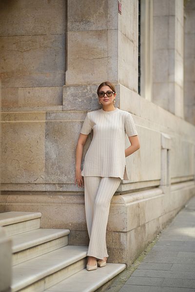 Lusin Women's Beige Summer Fabric Short Sleeve Blouse Pants Bottom Top Double Knitwear Set