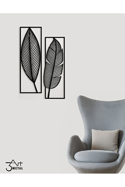 3art Metal Siyah Metal Yaprak Desenli Duvar Dekoru 2'li Set - Modern Minimalist Çerçeveli Tablo