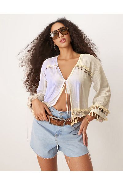 FASHION COCKTAIL Ζακέτα με μακρυμάνικη μπλούζα με λαιμόκοψη σε σχήμα V με κοχύλι Midyeli Ethnic Seaside