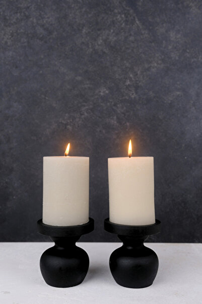 justwood 2 Li Siyah Büyük Nar Model Tabaklı Ahşap Şamdan Seti, Dekoratif Şamdan