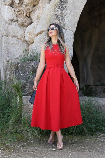 bytugcekaya Red Halter Neck Belted Flared Dress