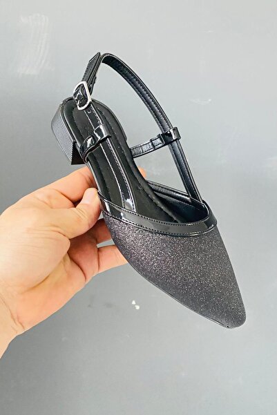 Preshley Women's Tena Black Patent Leather Glittery Open Back Pointed Toe Daily Ballerinas