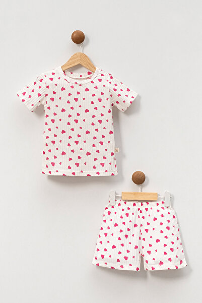 babynup Tiny Pink Heart Patterned Soft Corded Shorts Set