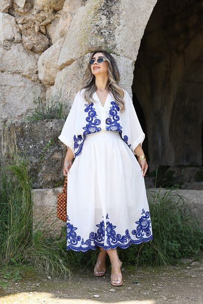 bytugcekaya Navy Blue Embroidery Detail Skirt Blouse Set