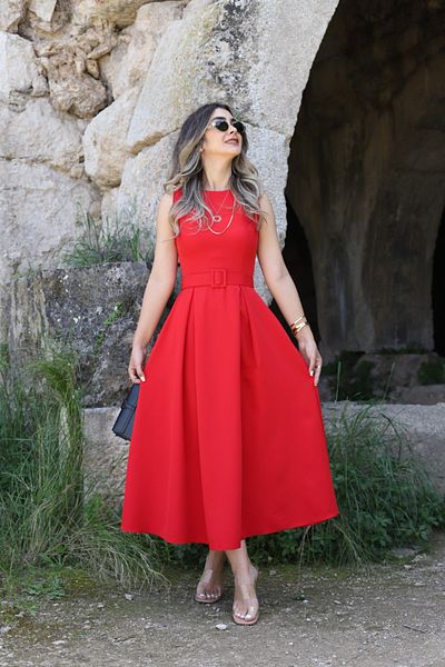 bytugcekaya Red Halter Neck Belted Flared Dress