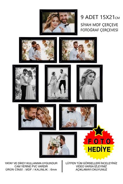 Bytwo 9 Pieces 15X21 Frame - Black Frame - Pvc Photo Frame - A5 Wooden Frame