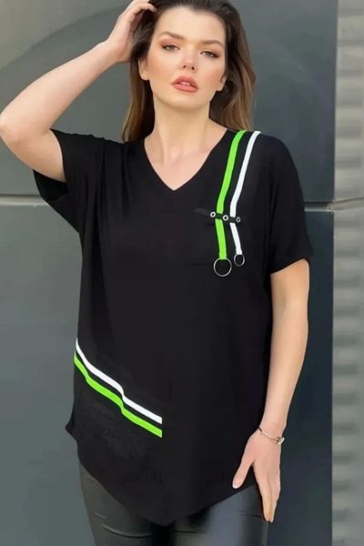 Bİ.GİYSEN Γυναικείο μαύρο μεγάλο μέγεθος V λαιμόκοψη νέον ριγέ Lycra κοντομάνικο μπλουζάκι