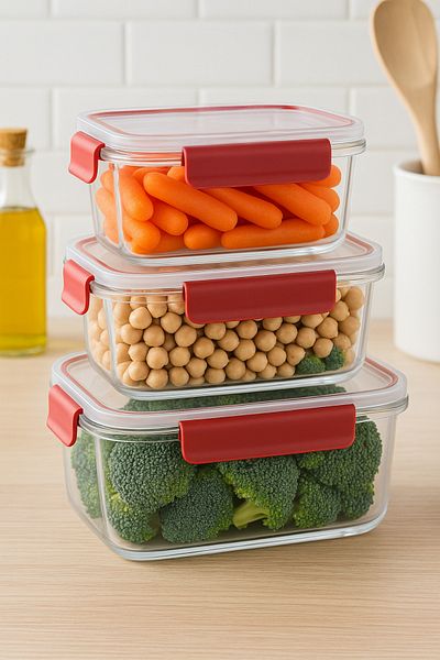 welcomein Set of 3 Rectangular Storage Containers with Red Lid, Airtight, Refrigerator Compatible