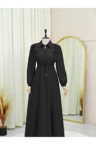 Modamorfo Ruffled Front Half Button Tunnel Lace Dress -Black