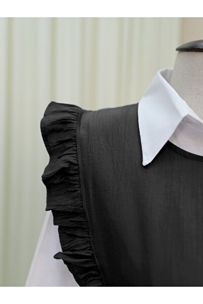 Modamorfo Tie Waist Ruffle Detailed Gilet Dress -Black