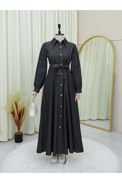 Modamorfo Buttoned Beaded Denim Dress with Tie at the Waist - Anthracite