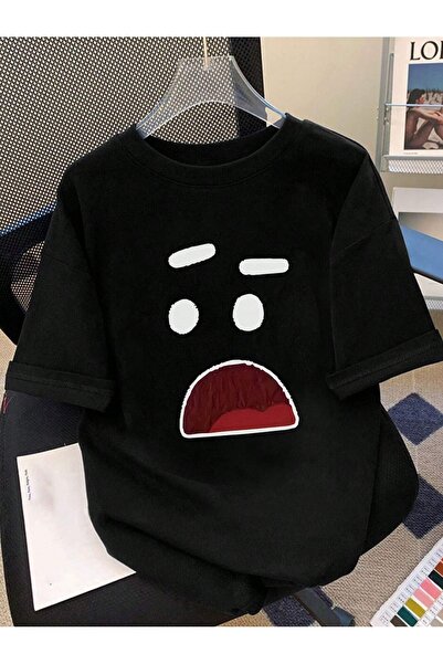 PALPİTO Γυναικείο μπλουζάκι με στάμπα μαύρου με εμπριμέ πρόσωπο