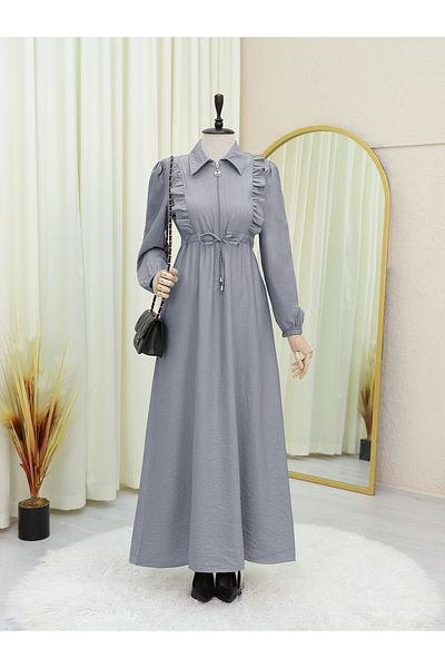 Modamorfo Ruffled Front Half Button Tunnel Lace Dress - Gray